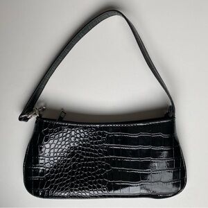 Black Faux Crocodile-Embossed Pochette Bag